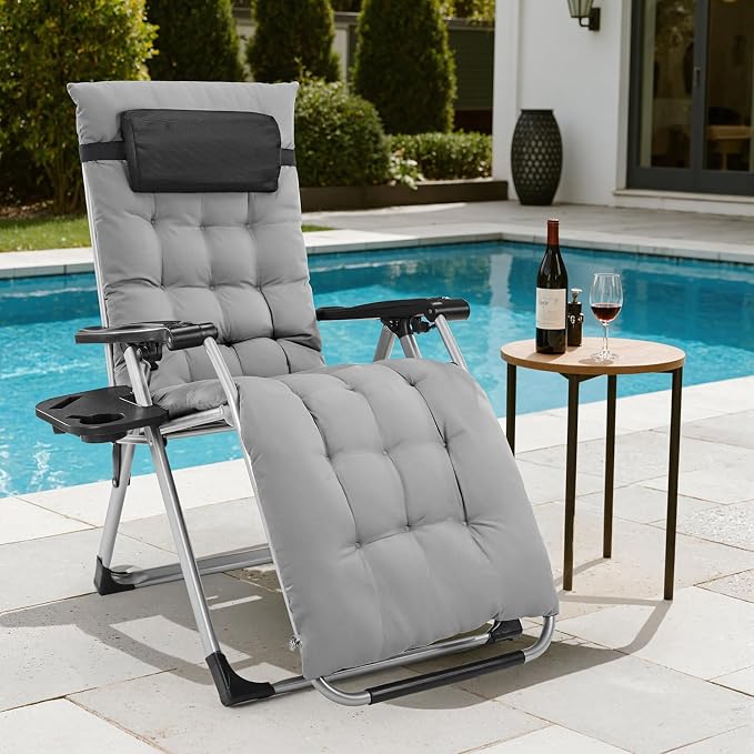 DUMOS Zero Gravity Chair, Lounge Chair Outdoor with Cup Holder | Folding Reclining chairs with Trays and Removable Cushion, for Indoor Outside Beach Camping Patio, Gray