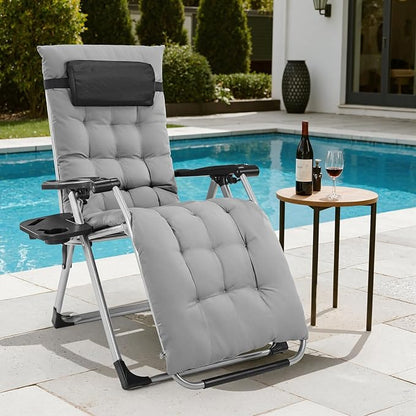 DUMOS Zero Gravity Chair, Lounge Chair Outdoor with Cup Holder | Folding Reclining chairs with Trays and Removable Cushion, for Indoor Outside Beach Camping Patio, Gray
