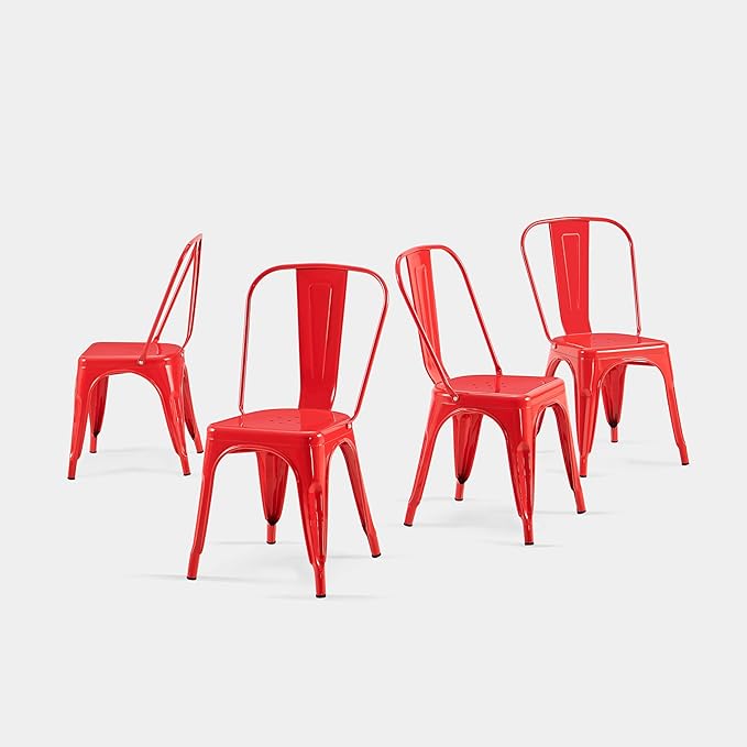 AC Pacific 18 Inch Seat Height Industrial Metal Dining Chairs, Stackable Kitchen or Bar Seat, Durable Modern Design, Versatile Accent Furniture, Set of 4, Red