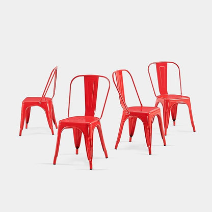 AC Pacific 18 Inch Seat Height Industrial Metal Dining Chairs, Stackable Kitchen or Bar Seat, Durable Modern Design, Versatile Accent Furniture, Set of 4, Red