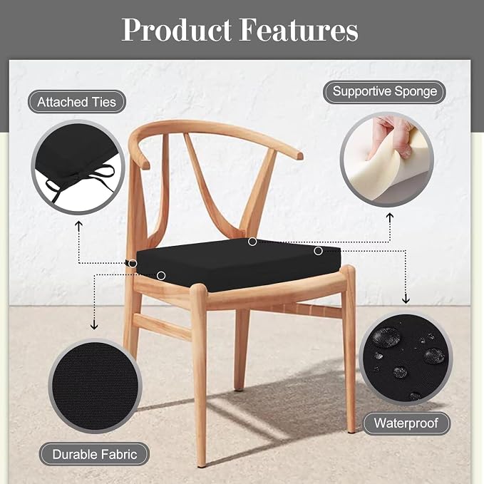 Cozyide Outdoor Chair Cushions, Waterproof Patio Seat Cushions with Adjustable Straps, Square Corner Patio Chair Cushions for Garden, Black, 18.5x16x3 Inch (Pack of 4)