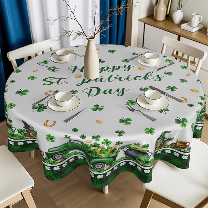Sweetshow Happy St. Patrick's Day Gnomes Table Cloth Round Shamrock Trucks Green Hat Coin Buffalo Plaid Tablecloth 60 Inch Decor Washable Stain and Wrinkle Spring Round Table Cover for Dining Picnic