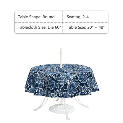 LVTXIII Round Outdoor Tablecloth with Umbrella Hole and Zipper, Water-Repellent 60 Inch Patio Table Cover for Bistro, Garden, Patio & Picnic, Flower Navy