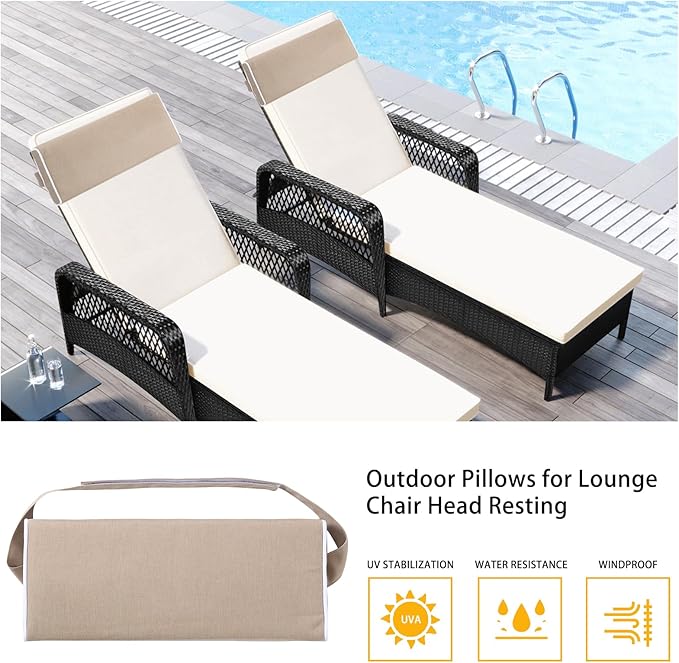Enipate Outdoor Chaise Lounge Head Pillow, Pack of 2 Water Resistant Headrest Pillows with Elastic Band for Pool Patio Chairs