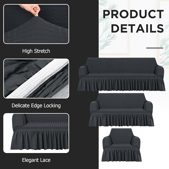 Fanfanwin 3 Pcs Sofa Slipcover Set for Couch Cushion Durable Washable High Elastic Stretchable Furniture Couch Covers with Skirt for Sofa Loveseat Arm Chair(Dark Gray,Seersucker)