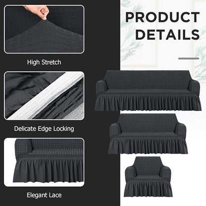 Fanfanwin 3 Pcs Sofa Slipcover Set for Couch Cushion Durable Washable High Elastic Stretchable Furniture Couch Covers with Skirt for Sofa Loveseat Arm Chair(Dark Gray,Seersucker)
