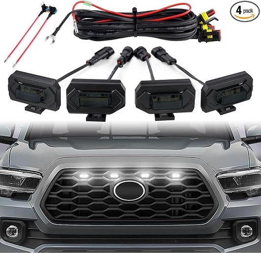 Seven Sparta 4 PCS Grill Led Lights with Fuse Adaptor Compatible with 2020-2023 Toyota Tacoma TRD Off Road & Sport OEM Front Grille, Half-Cover (White Light with Black Shell)