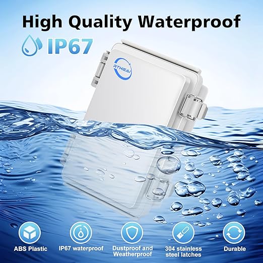 RTHIEAI Waterproof Outdoor IP67 Junction Box (5.9"x3.9"x2.8") with Mounting Plate, Hinged Grey Cover and Wall Brackets - Weatherproof ABS Plastic Electrical Enclosure for DIY Projects (150x100x70mm)