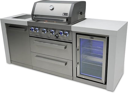 Mont Alpi Deluxe Series Stainless Steel 82"W x 23"D Modular Outdoor Kitchen Island + Side Burner + Refrigerator + 32"W 4-Burner BBQ Gas Grill + White Granite Countertops + Storage Cabinets & Drawers