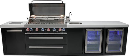 Mont Alpi Premium 132"W x 23"D Black Stainless Steel Modular Outdoor Kitchen Island + 2 Refrigerators + Beverage Center Faucet & Sink + 44"W 6-Burner BBQ Grill + Granite Countertops + Storage + Cover