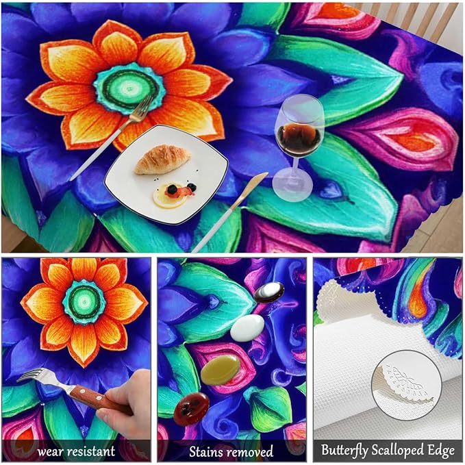 Swono Tablecloth 52"X70" Mandala Blue, Watercolor Mandala Floral Pattern Rectangle Table Cover Anti-Oil Tablecloth for Dining Tables, Parties, Wedding and Banquet Decoration
