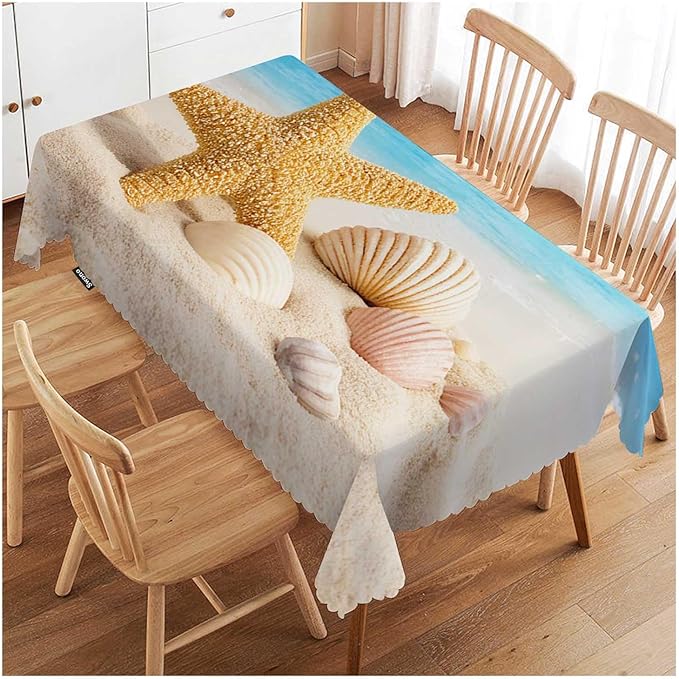 Swono Seashell 52"X70" Oblong Table Cloth Tropical Ocean Beach Starfish and Seashells Wrinkle Free Table Cover Farmhouse Tablecloth for Home Restaurant Picnic Indoor Outdoor Dining