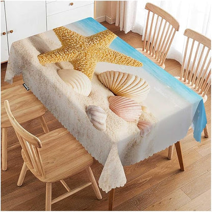 Swono Seashell 52"X70" Oblong Table Cloth Tropical Ocean Beach Starfish and Seashells Wrinkle Free Table Cover Farmhouse Tablecloth for Home Restaurant Picnic Indoor Outdoor Dining