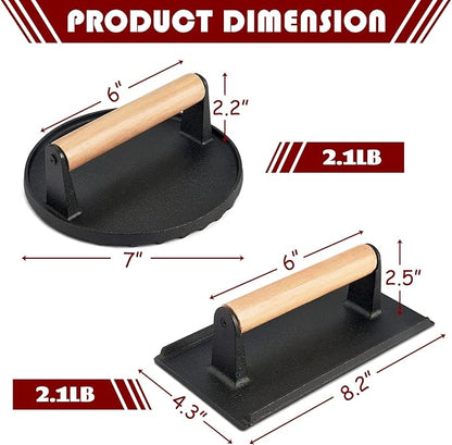 HaSteeL 2Pcs Cast Iron Bacon Press, Smash Burger Press for Teppanyaki Flat Top Griddle, Heavy Duty Round 7In & Rectangular 8x4In Grill Press, Perfect for BBQ Meat, Paninis, Tortilla, Steak, Sandwich