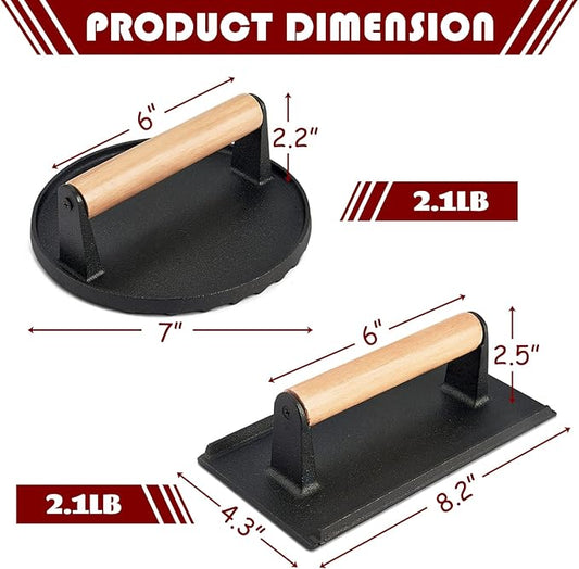 HaSteeL 2Pcs Cast Iron Bacon Press, Smash Burger Press for Teppanyaki Flat Top Griddle, Heavy Duty Round 7In & Rectangular 8x4In Grill Press, Perfect for BBQ Meat, Paninis, Tortilla, Steak, Sandwich