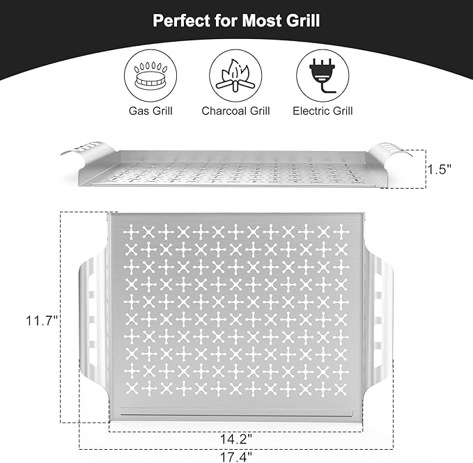 Skyflame Stainless Steel Grill Basket for Outdoor/Indoor Grill and Smoker, BBQ Grill Accessory/Grill Tray for Fish and Vegetables