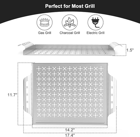 Skyflame Stainless Steel Grill Basket for Outdoor/Indoor Grill and Smoker, BBQ Grill Accessory/Grill Tray for Fish and Vegetables
