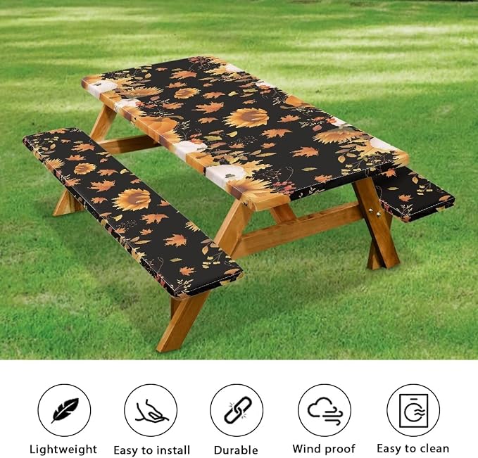 Thanksgiving Pumpkin Sunflower Outdoor Picnic Table Cover Thanksgiving 3 PCS Set Fitted Picnic Table Cover for Outdoor Camping