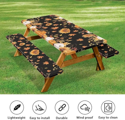 Thanksgiving Pumpkin Sunflower Outdoor Picnic Table Cover Thanksgiving 3 PCS Set Fitted Picnic Table Cover for Outdoor Camping
