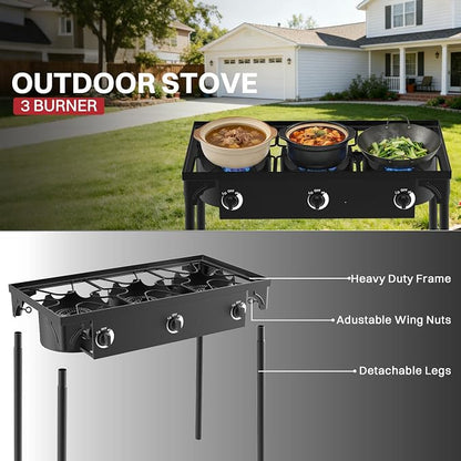 3 Burner Propane Camp Stove | 225,000 BTU | High Pressure Gas Burners | CSA Certified | Waterproof Cover | Detachable Legs | Ideal for Camping Tailgating Backyard Outdoor Cooking