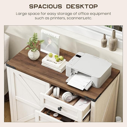 Vabches 5 Drawer Storage Cabinet, Office Storage Cabinet with Door and Adjustable Shelf, Large Farmhouse Printer Stand for Home Office, Rustic White