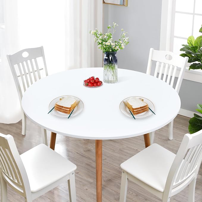 NEWISHER Round Fitted Table Cover Spandex Stretch Tablecloth White Table Top Cover with Elastic Edged for Dining Picnic Patio 60 inch