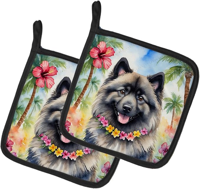 Caroline's Treasures Keeshond Luau Pair of Pot Holders Kitchen Heat Resistant Pot Holders Sets Oven Hot Pads for Cooking Baking BBQ, 7 1/2 x 7 1/2