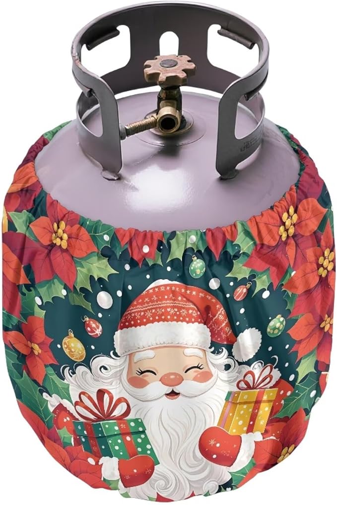 Poinsettia Propane Tank Cover 20lb Santa Claus Gas Tank Cylinder Cover with Elastic Edge RV Gas Cylinder Storage Pocket for Outdoor Camping Yard Party