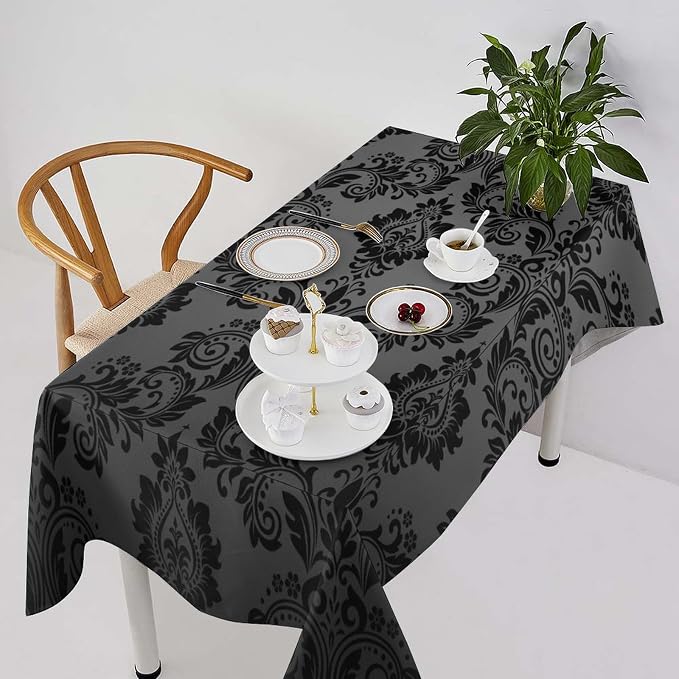 Gothic Black Damask Tablecloth, Vintage Floral Exotic Bohemian Antique Victorian Table Cloth Water Resistant Table Cover for Farmhouse Party Holiday Kitchen Dinner Table 60x120