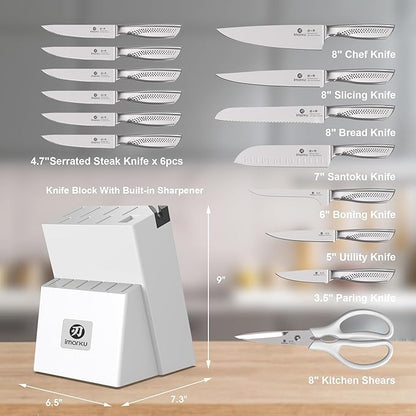 imarku 15-Piece Knife Set with Block, High Carbon Stainless Steel Kitchen Knives with Built-in Sharpener, Dishwasher Safe, Ergonomic Non-Slip Handle, Perfect for Home Cooks & Chefs, White