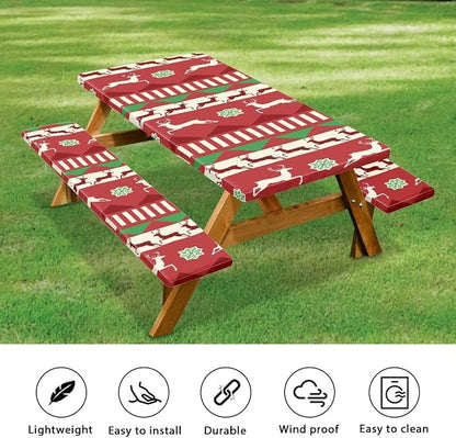 Xmas Table Cloth with Bench Covers 3 PCS for Outdoor Christmas Reindeers Camping Accessories Fitted Outdoor Tablecloth