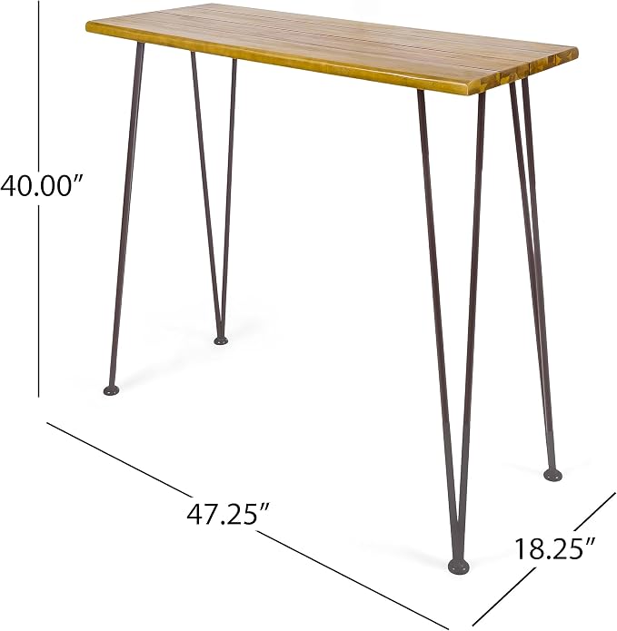 Christopher Knight Home Denali Ouotdoor Industrial Acacia Wood Bar Table with Iron Frame, Teak Finish / Rustic Metal