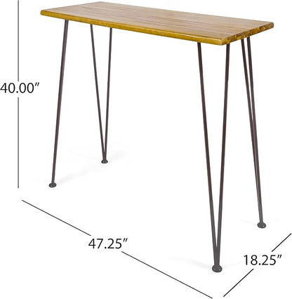 Christopher Knight Home Denali Ouotdoor Industrial Acacia Wood Bar Table with Iron Frame, Teak Finish / Rustic Metal