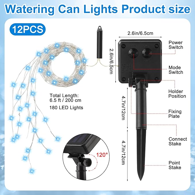 12 Pack Solar Waterfall Fairy Bunch Lights Outdoor Waterproof 9 Strand 180LEDs 8 Modes Watering Can Light (No Can) Firefly Bunch Lights for Patio Yard Garden Decorations(Blue)