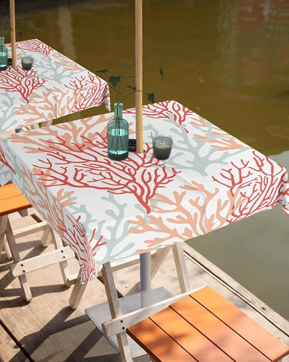 Red Orange Grey Coral Coastal Outdoor Tablecloth - 54x54 Inch Square Waterproof Dining Table Cover, Summer Beach Seaside Nautical Outdoor Table Cloth with Umbrella Hole & Zipper for Patio