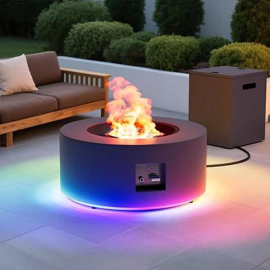 2-Piece Outdoor Propane Fire Pit Table Set w Tank Side Table 30'' Round Fire Pit Table 2-in-1 Firepit Table for Outside Patio Gas Fire Pit w 304 Stainless Steel Burner 50,000 BTU, Dark Gray w RGB LED