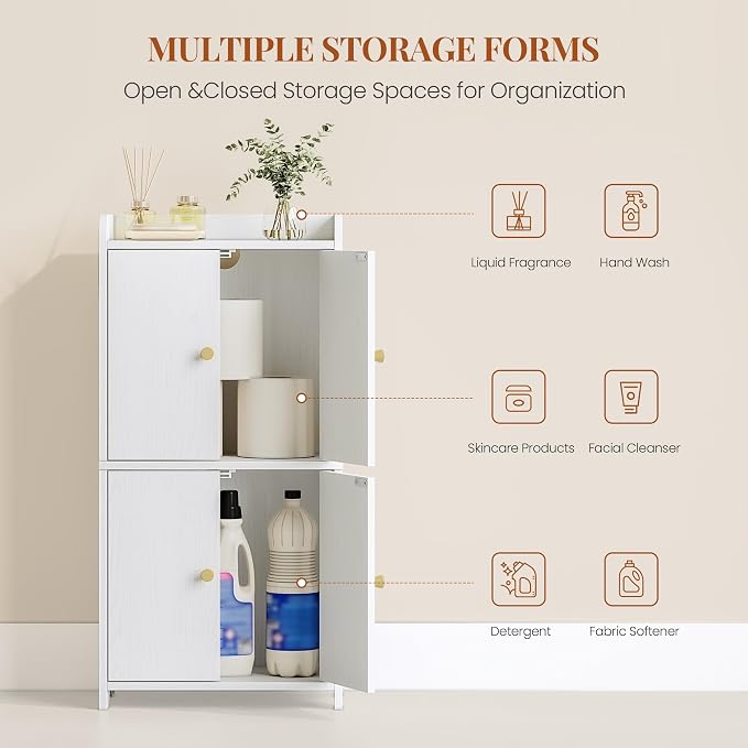 HEXCELEN Small Storage Cabinet, Modern Minimalism, White | Bathroom Storage Cabinet, 4 Doors, Floor Bathroom Organizer Freestanding, For Small Spaces, Living Room, Kitchen, Entryway