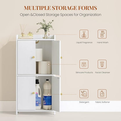 HEXCELEN Small Storage Cabinet, Modern Minimalism, White | Bathroom Storage Cabinet, 4 Doors, Floor Bathroom Organizer Freestanding, For Small Spaces, Living Room, Kitchen, Entryway