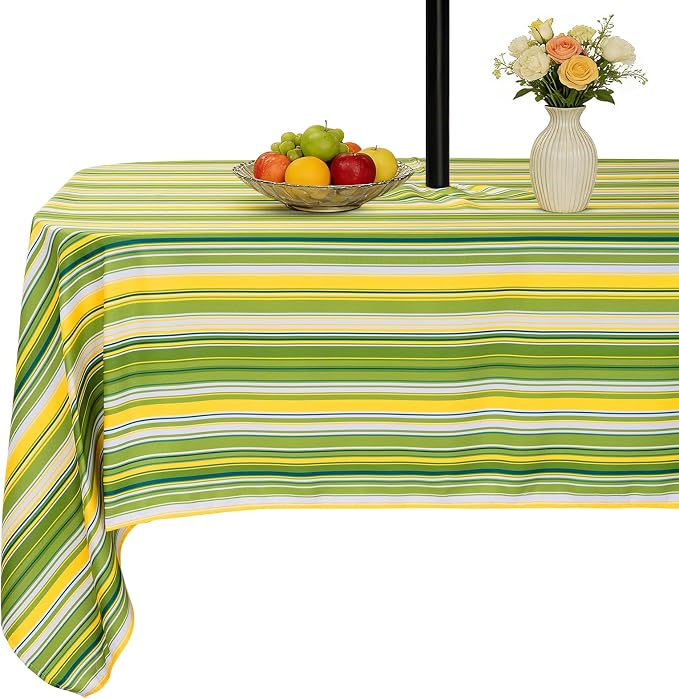 SquarePie Outdoor Tablecloth Rectangle with Umbrella Hole and Zipper Waterproof Stain Resistant Table Linen Cloth for Patio Picnic Camping BBQS Garden Party, 52x70 Green Stripe