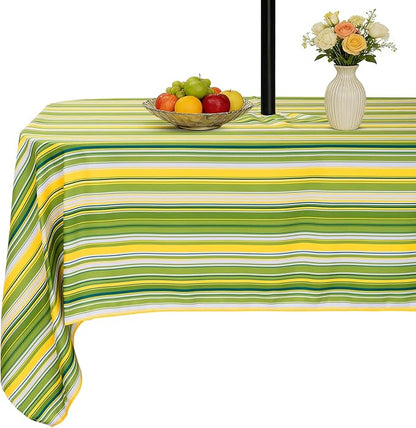 SquarePie Outdoor Tablecloth Rectangle with Umbrella Hole and Zipper Waterproof Stain Resistant Table Linen Cloth for Patio Picnic Camping BBQS Garden Party, 52x70 Green Stripe