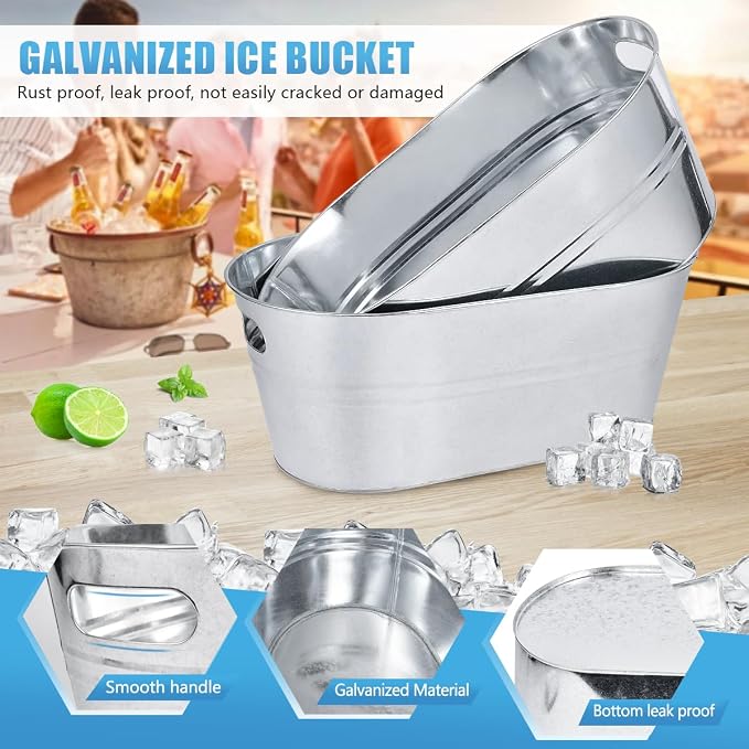OBTANIM 2 Pack 4 Gallon Galvanized Ice Buckets Metal Champagne Drink Cooler Storage Ice Tub with Handles for Beer Cocktails Wine Beverage Home Parties Bar Cooling Supplies