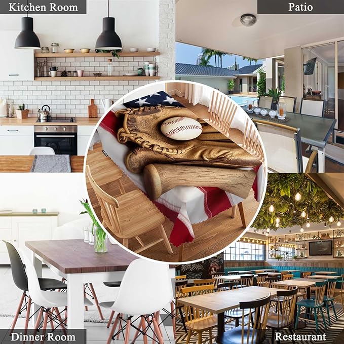 Swono Decorative Rectangle Table Cloth American Flag, Vintage Baseball Bat Glove On USA Flag Polyester Tablecloth Kitchen Table Cover for Dining BBQ Picnic Coffee Table 50x72, 4-6 Seats