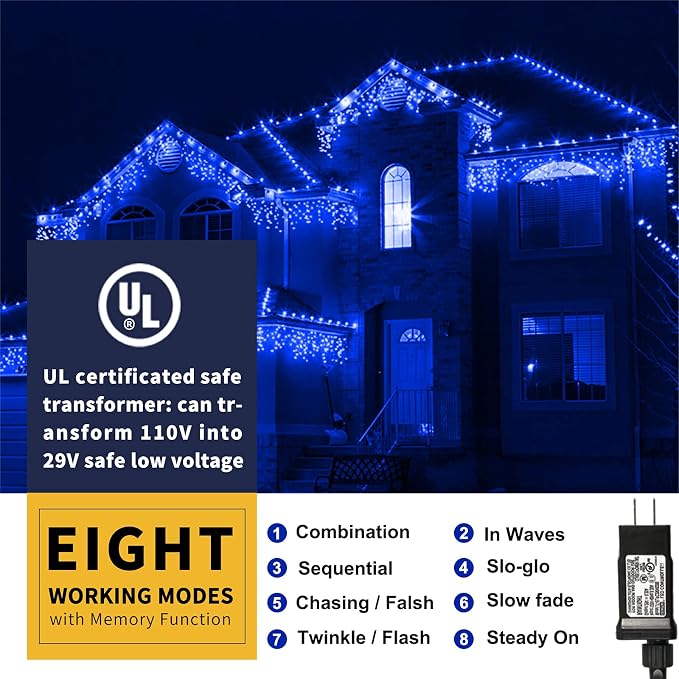 105FT 300 LED Christmas String Lights, End to End Plug 8 Modes | Christmas Lights UL Certified Outdoor Indoor Fairy Light Christmas Tree, Patio, Garden, Party, Holiday (Blue)
