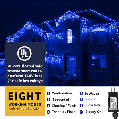 105FT 300 LED Christmas String Lights, End to End Plug 8 Modes | Christmas Lights UL Certified Outdoor Indoor Fairy Light Christmas Tree, Patio, Garden, Party, Holiday (Blue)