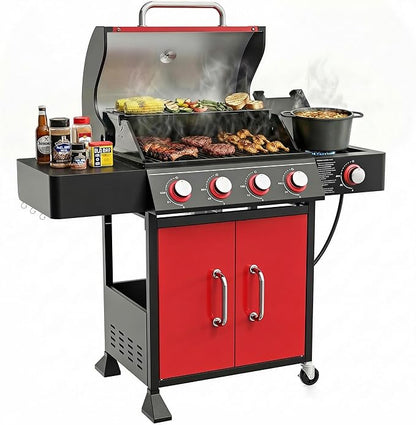 HUGROVE 4 Burner Propane Gas Grill with Side Burner, 601 Sq. In. Cooking Area with Warming Rack 56,000 BTU BBQ Grill with Porcelain-Enameled Cast Iron Grates for Outdoor Cooking