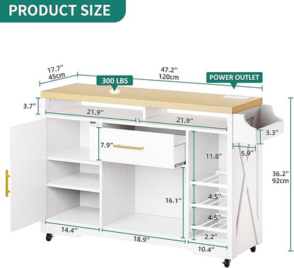 YITAHOME Large Kitchen Island with Power Outlet, Rolling Kitche Cart with Wine Rack, Mobile Storage Islands with Spice Rack Glass Holder, Island Table on Wheels for Living Room, 50 Inch Wide, White