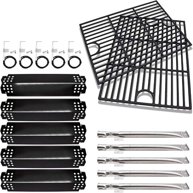 Grill Replacement Parts for Nexgrill 5 Burner 720-0888, 720-0888N, 720-0888S, 4 Burner 720-0830H, 17 Inch Cast Iron BBQ Grill Cooking Grates, Burner Tubes, Grill Heat Shields Plates, Grill Igniters.