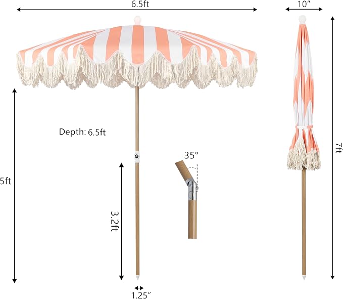 JONATHAN Y Mariner 6.5 ft. Striped Fringe Beach Umbrella, Coral Pink/White | Push-Button Tilt, UV 50 Protection, Matching Carry Bag, Light Brown Wood Finish Iron Pole, Wind Vent, Scalloped Round Canopy