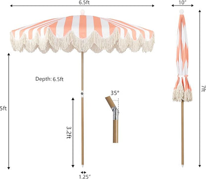 JONATHAN Y Mariner 6.5 ft. Striped Fringe Beach Umbrella, Coral Pink/White | Push-Button Tilt, UV 50 Protection, Matching Carry Bag, Light Brown Wood Finish Iron Pole, Wind Vent, Scalloped Round Canopy