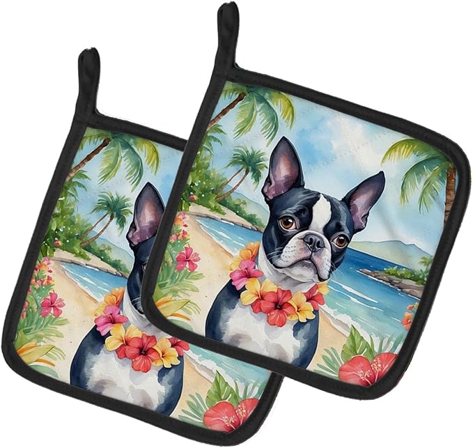 Caroline's Treasures Boston Terrier Luau Pair of Pot Holders Kitchen Heat Resistant Pot Holders Sets Oven Hot Pads for Cooking Baking BBQ, 7 1/2 x 7 1/2